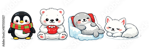 Cute winter animals: penguin, polar bear, seal, and arctic fox