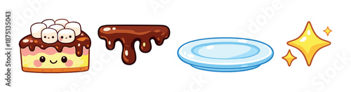 Cute dessert character and chocolate drip with clean plate and sparkle icons