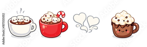 Adorable cartoon hot chocolate cups with marshmallows and cute faces
