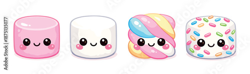 Cute kawaii marshmallows with colorful sprinkles and smiling faces