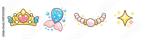 Colorful fantasy icons with crown, gem, necklace, and star on gradient background