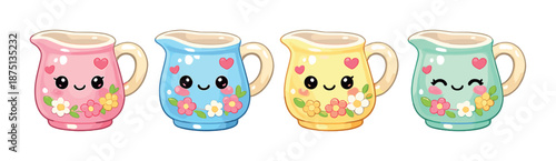 Colorful kawaii mugs with floral designs and cute faces