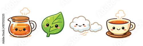 Cute kawaii tea elements: smiling teapot, leaf, cloud, and cup on gradient gray background