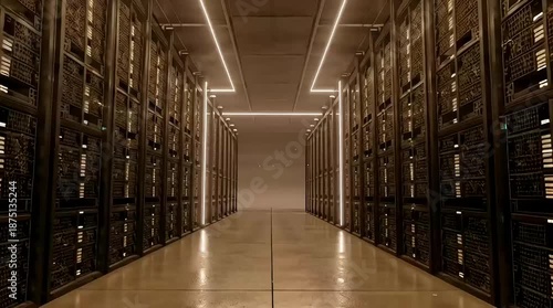 Wallpaper Mural A long corridor of server rooms stretches into the distance with rows of computer equipment on either side. Torontodigital.ca