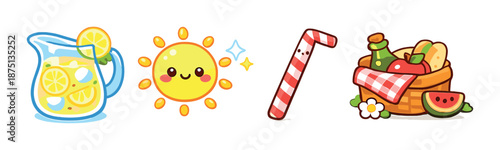 Summer picnic icons with lemonade, sun, candy cane, and picnic basket