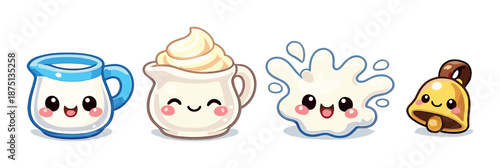 Cute kawaii dairy and bell characters with smiling faces and bright colors