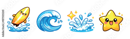 Cute cartoon surfboard, wave, splash, and star characters with smiling faces