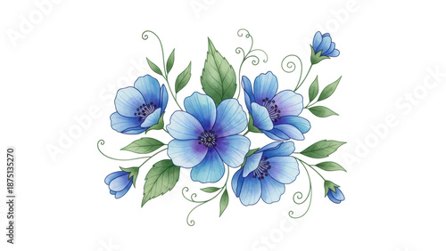 Blue flowers digital illustration, summer design, watercolor hand painting. Perfectly for printing, sublimation.