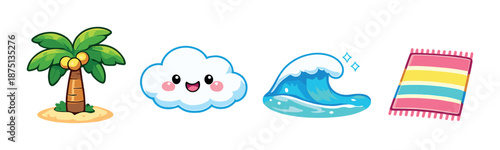 Colorful cartoon beach icons: palm tree, cloud, wave, towel on gradient background