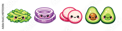 Adorable kawaii vegetables with faces on green background