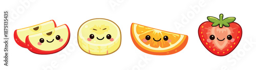 Cute cartoon fruit characters with smiling faces: apple, banana, orange, strawberry
