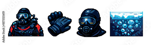 Diver characters and equipment with underwater scene: pixel art style