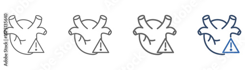 
cardiomyopathy outline icon set with heart design and warning signs