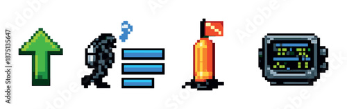 Pixel art: progress indicator icons with green arrow, blue icon, keyboard, red exclamation, electronic display