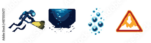 Underwater exploration with diver, deep-sea creatures, and symbols