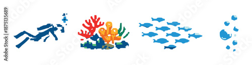 Pixel art ocean scene with diver, coral, fish, and bubbles