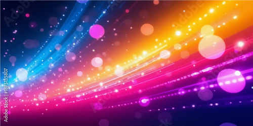 An abstract colorful background featuring a bright glow of magic stars and shiny disco lights creates a purple and blue neon design for a festive party backdrop or holiday celebration wallpaper