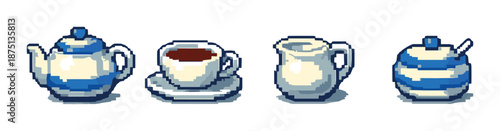 Pixel art tea set with teapot, cup, creamer, and sugar bowl on gray background