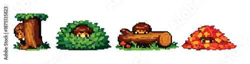 Pixel art of animal hiding places: tree, bush, log, leaves