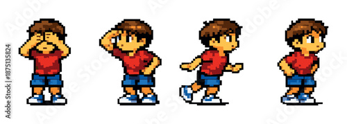 Pixel art sequence of young caucasian male character in red shirt and blue shorts