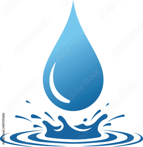 Blue water drop splashing into ripples and waves on white background