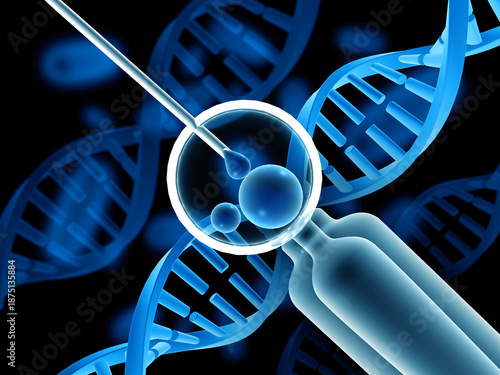 3D render visualizing the in vitro fertilization (IVF) process set against a subtle, abstract DNA helix background.