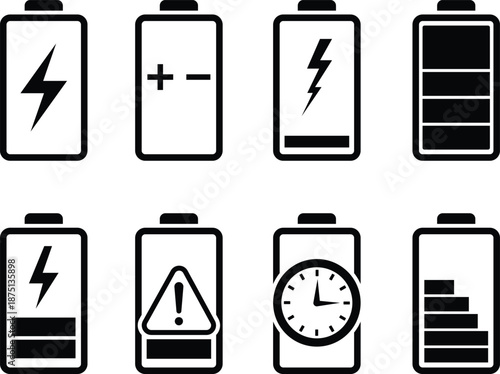 Eight black and white battery showing different power levels and symbols energy charge