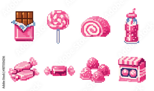 Neon pixelated candy collection with chocolate, lollipop, and fizzy drink