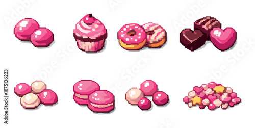 Cute pink pixel art sweets and pastries collection on gradient background