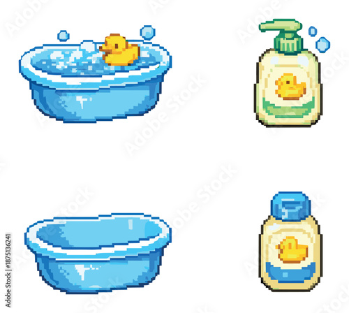 Pixel art bathtub with rubber duck, soap dispenser, and baby powder icon set
