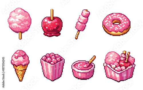 Pixel art: pink sweets collection featuring cotton candy and donut
