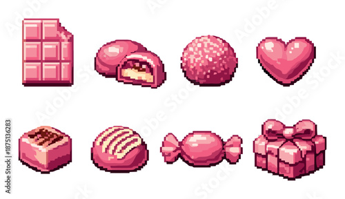 Pixel art pink sweets collection with heart and chocolates