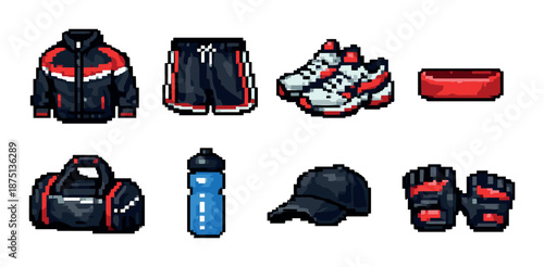 Pixel art sportswear set with equipment: jacket, shorts, sneakers, and accessories