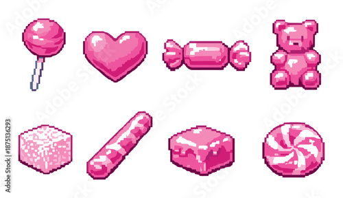 Pink pixel art candy collection: lollipop, heart, bear, peppermint