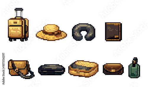 Pixel art travel essentials: suitcase, hat, neck pillow, book, travel bag