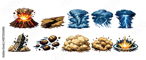 Pixel art elements of natural disasters: volcano, earthquake, tornado, thunderstorm, building collapse, explosion