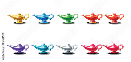 Colorful glowing magic lamps with sparkles and question marks