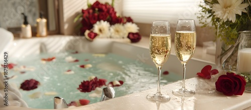 A jacuzzi to celebrate Valentine's Day or an anniversary; a romantic getaway or night concept with champagne glasses for a toast and decorative rose petals.
