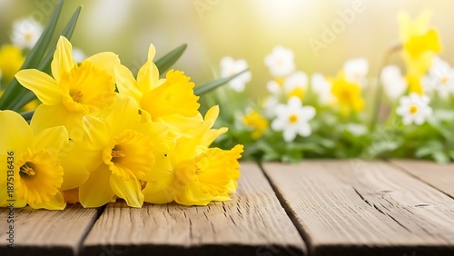 Yellow daffodils on wooden table with flowers in the background