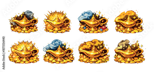 Magical golden lamps amidst sparkling treasures with blue and gray smoke effects