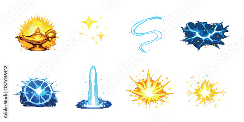 Glowing magical symbols: lamp, stars, lightning, and energetic lights