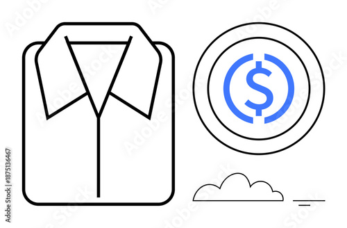 Fashion and finance symbols. Clothing icon the textile or apparel industry, paired with a dollar symbol for economic transactions. Fashion finance connects style to business. Usage business