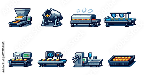 Pixel art factory machines with conveyor belts and industrial equipment