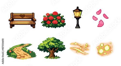 Pixel art garden scene with bench, lamp, path, flowers, tree, and magical effects
