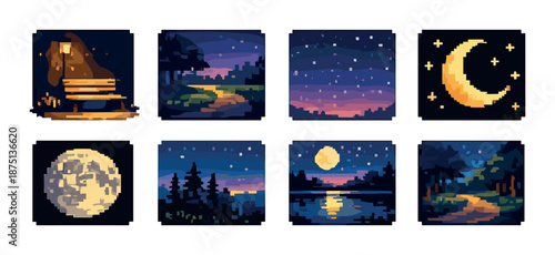 Pixel art nighttime landscapes and moon phases