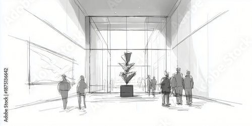 Architectural sketch of a modern art gallery interior