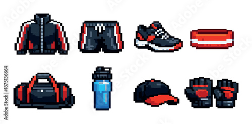 Pixel art sportswear and accessories set with jacket, shoes, and gloves