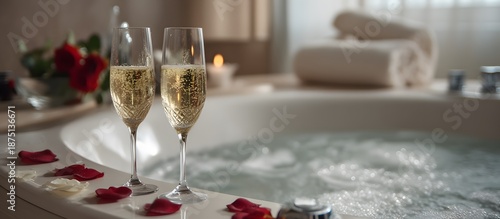 A jacuzzi to celebrate Valentine's Day or an anniversary; a romantic getaway or night concept with champagne glasses for a toast and decorative rose petals.