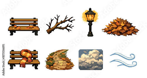 Pixel art autumn elements: benches, leaves, lamp, path, and breeze icons