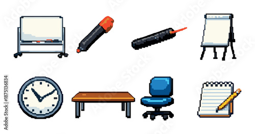 Pixel art office tools: board, markers, easel, clock, desk, chair, notepad
